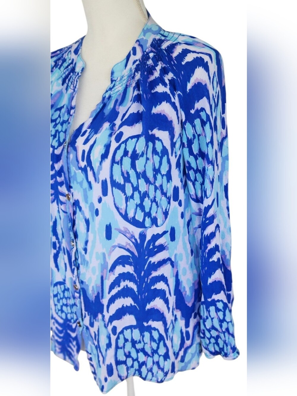 Lilly Pulitzer Blue Pineapple-Print V-Neck Blouse - Picture 4 of 11